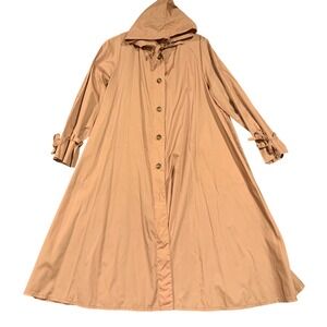 80s‎ VTG Womens Tan Hooded Lightweight Trench Coat Full Length Button Down Ties